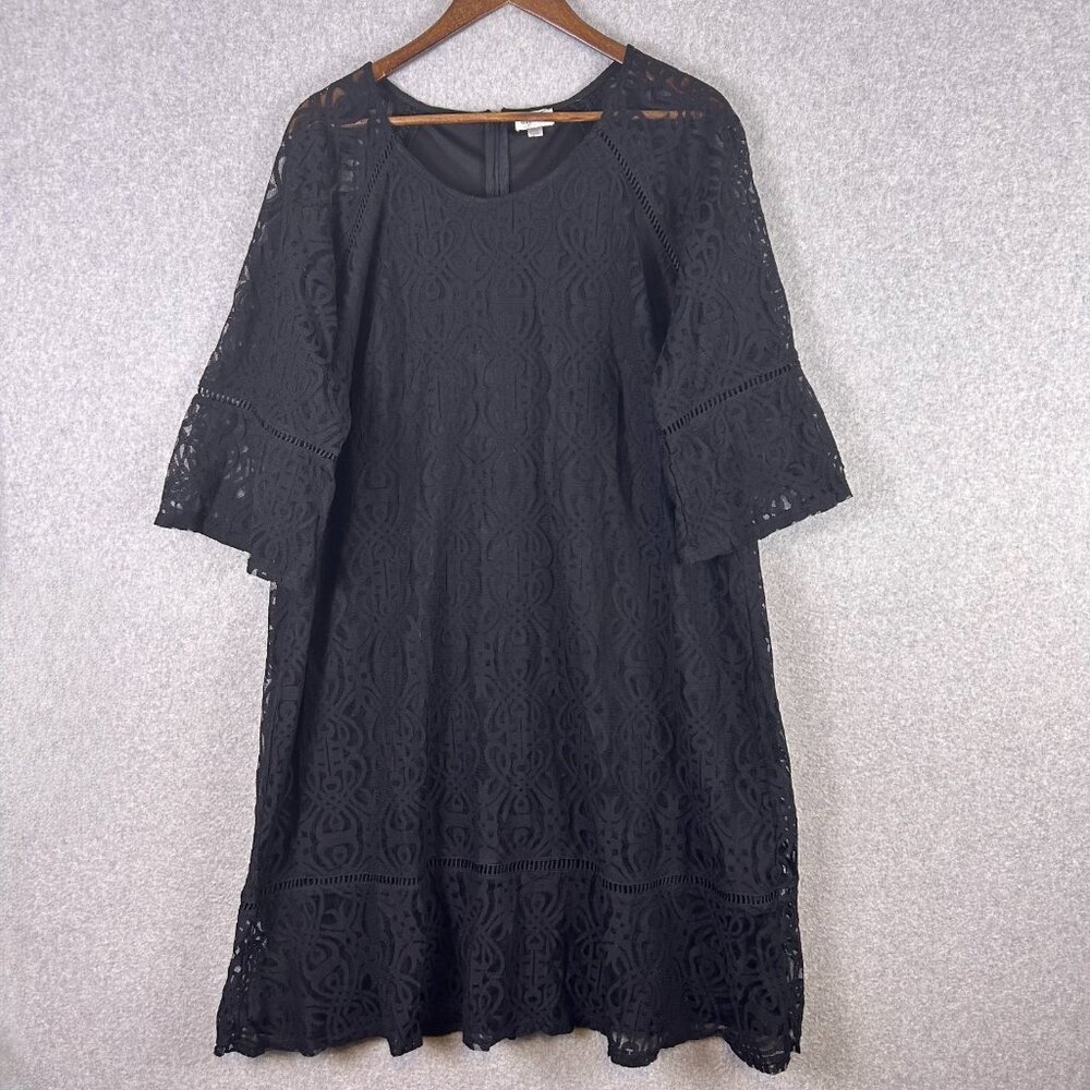 Avenue Shift Dress Women's 18/20 Black Lace 3/4 Bell Sleeve A-Line Cocktail NWOT
